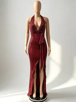 Party Dress Maxi Champagne Halter V-Neck Lace High Slit Sleeveless Sexy Semi Formal Dress