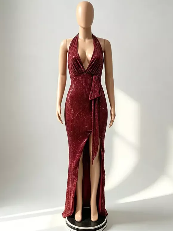 Party Dress Maxi Champagne Halter V-Neck Lace High Slit Sleeveless Sexy Semi Formal Dress