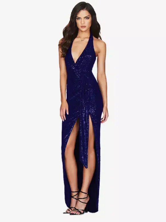 Party Dress Maxi Champagne Halter V-Neck Lace High Slit Sleeveless Sexy Semi Formal Dress