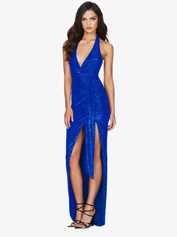 Party Dress Maxi Champagne Halter V-Neck Lace High Slit Sleeveless Sexy Semi Formal Dress