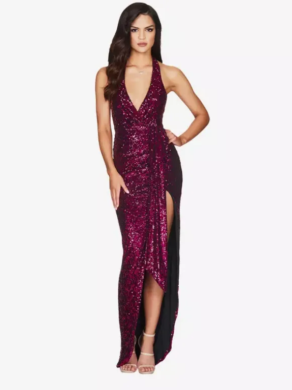Party Dress Maxi Champagne Halter V-Neck Lace High Slit Sleeveless Sexy Semi Formal Dress