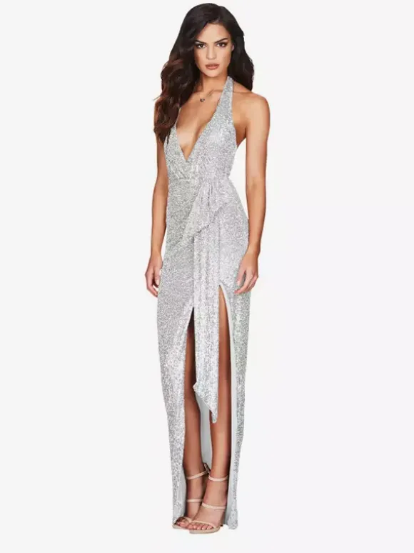 Party Dress Maxi Champagne Halter V-Neck Lace High Slit Sleeveless Sexy Semi Formal Dress