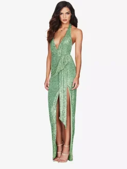Party Dress Maxi Champagne Halter V-Neck Lace High Slit Sleeveless Sexy Semi Formal Dress