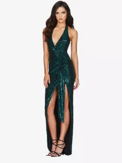 Party Dress Maxi Champagne Halter V-Neck Lace High Slit Sleeveless Sexy Semi Formal Dress