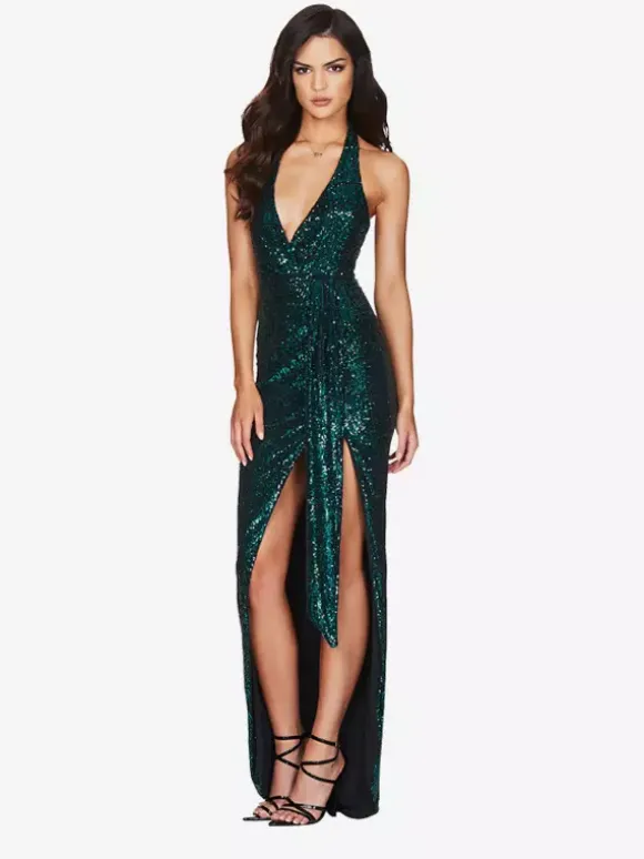 Party Dress Maxi Champagne Halter V-Neck Lace High Slit Sleeveless Sexy Semi Formal Dress