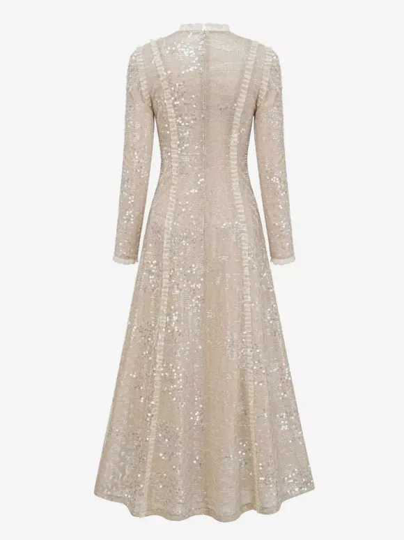 Party Dress Maxi Champagne Stand Collar Sequins Long Sleeves Elegant Semi Formal Dress