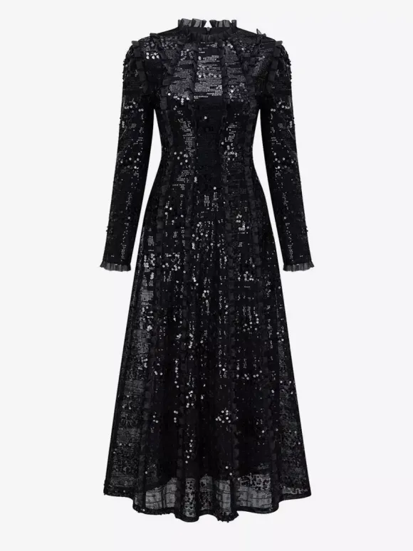 Party Dress Maxi Champagne Stand Collar Sequins Long Sleeves Elegant Semi Formal Dress