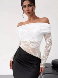 Party Dress Maxi Coffee Brown Off-The-Shoulder Lace Long Sleeves Shaping Elegant Semi Formal Dress