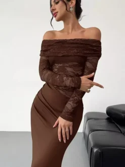 Party Dress Maxi Coffee Brown Off-The-Shoulder Lace Long Sleeves Shaping Elegant Semi Formal Dress