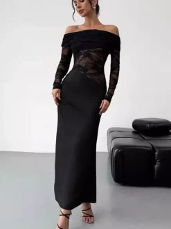 Party Dress Maxi Coffee Brown Off-The-Shoulder Lace Long Sleeves Shaping Elegant Semi Formal Dress