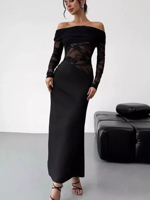 Party Dress Maxi Coffee Brown Off-The-Shoulder Lace Long Sleeves Shaping Elegant Semi Formal Dress