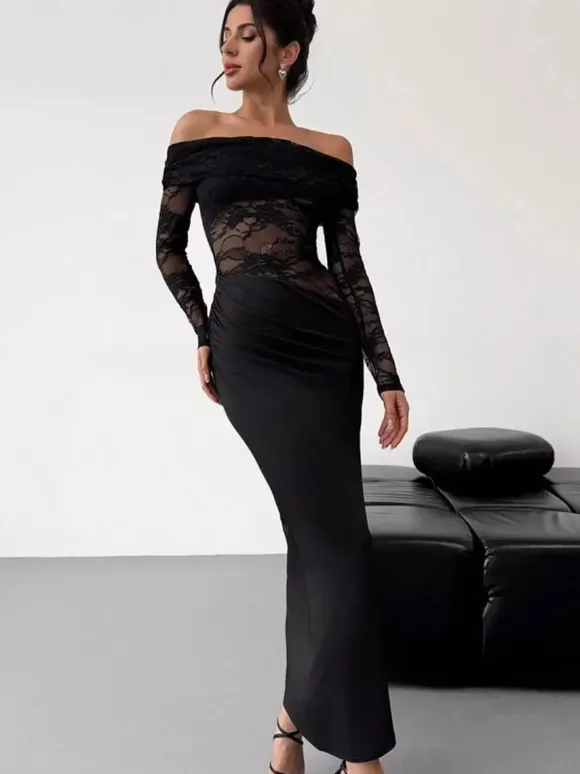 Party Dress Maxi Coffee Brown Off-The-Shoulder Lace Long Sleeves Shaping Elegant Semi Formal Dress