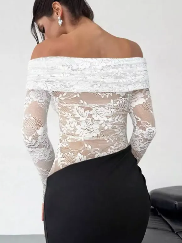 Party Dress Maxi Coffee Brown Off-The-Shoulder Lace Long Sleeves Shaping Elegant Semi Formal Dress