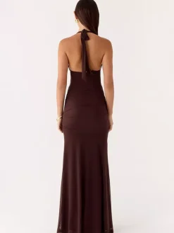Party Dress Maxi Coffee Brown V-Neck Sleeveless Sexy Semi Formal Dress