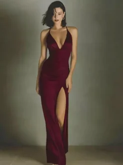 Party Dress Maxi Dark Red Halter Lace Up Sleeveless Backless Chic Semi Formal Dress