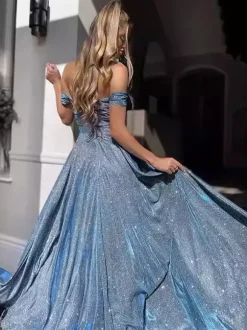 Party Dress Maxi Dazzling Blue V-Neck Sequins Sleeveless Open Shoulder Chic Semi Formal Dress