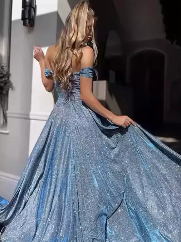 Party Dress Maxi Dazzling Blue V-Neck Sequins Sleeveless Open Shoulder Chic Semi Formal Dress