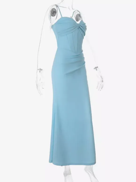 Party Dress Maxi Dresses Light Sky Blue Straps Neck High Slit Sexy Mermaid Dress