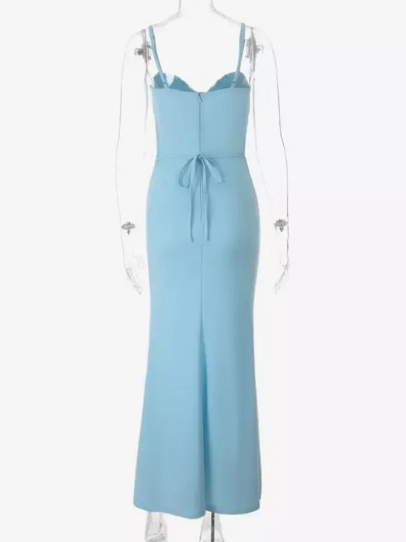 Party Dress Maxi Dresses Light Sky Blue Straps Neck High Slit Sexy Mermaid Dress