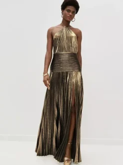Party Dress Maxi Gold Sleeveless Backless Elegant Semi Formal Gown