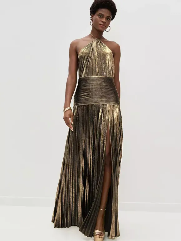 Party Dress Maxi Gold Sleeveless Backless Elegant Semi Formal Gown