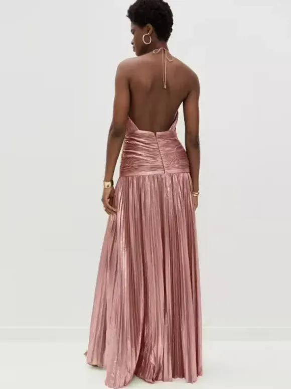 Party Dress Maxi Gold Sleeveless Backless Elegant Semi Formal Gown