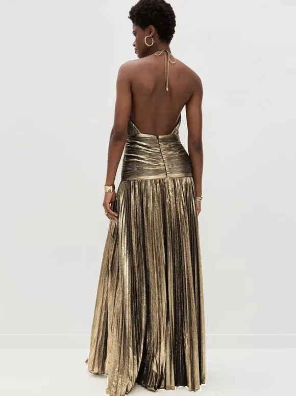 Party Dress Maxi Gold Sleeveless Backless Elegant Semi Formal Gown