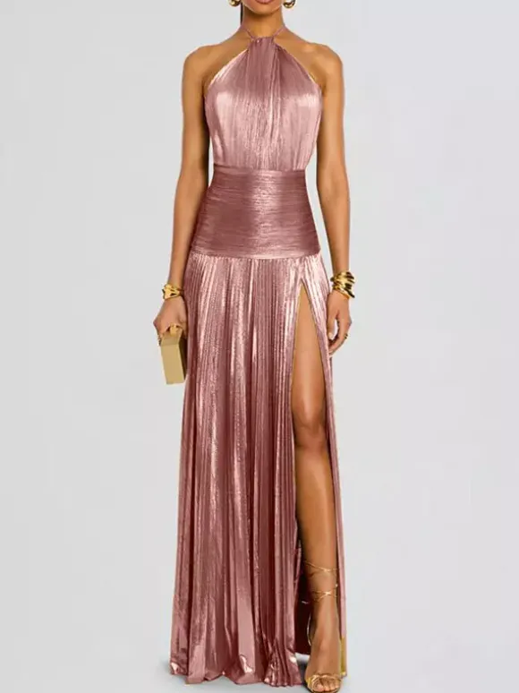 Party Dress Maxi Gold Sleeveless Backless Elegant Semi Formal Gown
