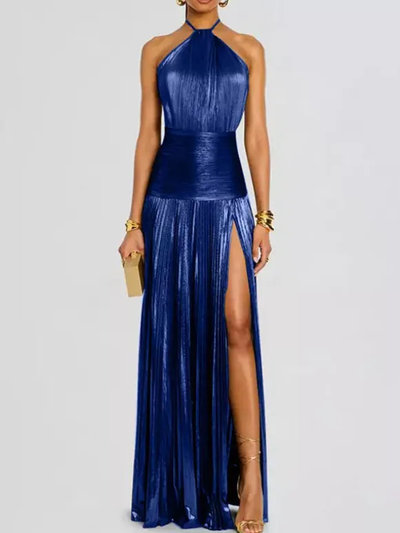 Party Dress Maxi Gold Sleeveless Backless Elegant Semi Formal Gown