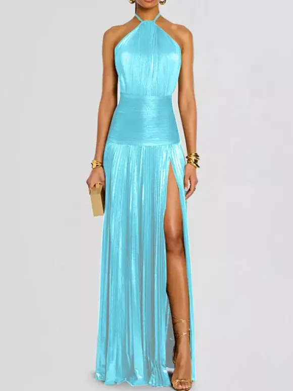 Party Dress Maxi Gold Sleeveless Backless Elegant Semi Formal Gown