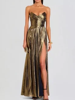Party Dress Maxi Gold Sleeveless Backless Sexy Semi Formal Gown