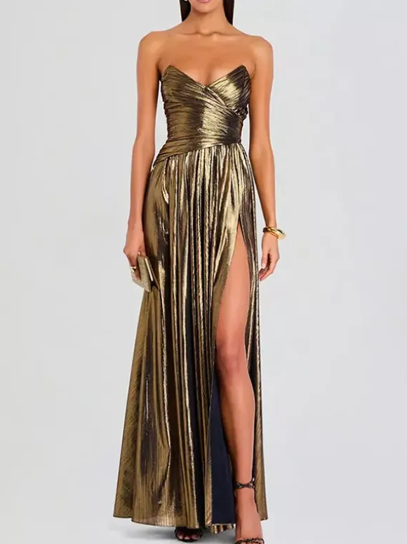 Party Dress Maxi Gold Sleeveless Backless Sexy Semi Formal Gown