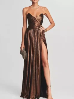 Party Dress Maxi Gold Sleeveless Backless Sexy Semi Formal Gown
