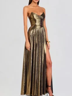 Party Dress Maxi Gold Sleeveless Backless Sexy Semi Formal Gown