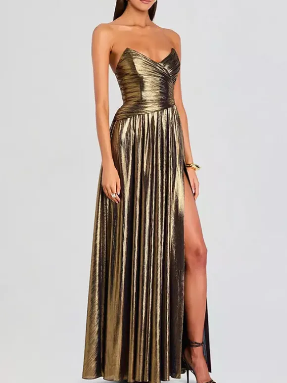 Party Dress Maxi Gold Sleeveless Backless Sexy Semi Formal Gown