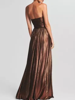Party Dress Maxi Gold Sleeveless Backless Sexy Semi Formal Gown