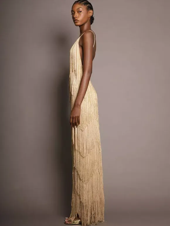 Party Dress Maxi Gold V-Neck Sleeveless Open Shoulder Sexy Semi Formal Summer Dress