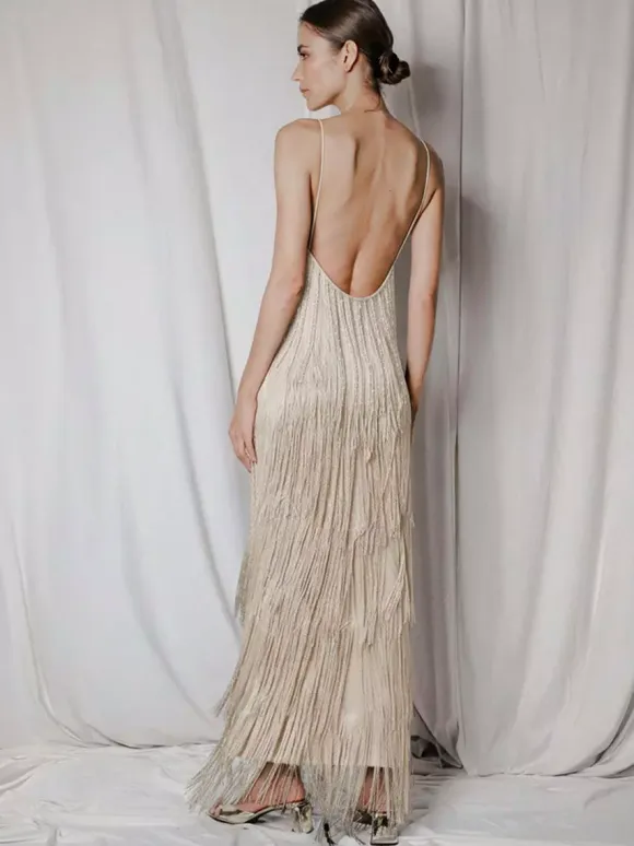 Party Dress Maxi Gold V-Neck Sleeveless Open Shoulder Sexy Semi Formal Summer Dress