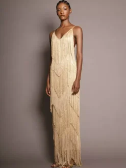 Party Dress Maxi Gold V-Neck Sleeveless Open Shoulder Sexy Semi Formal Summer Dress