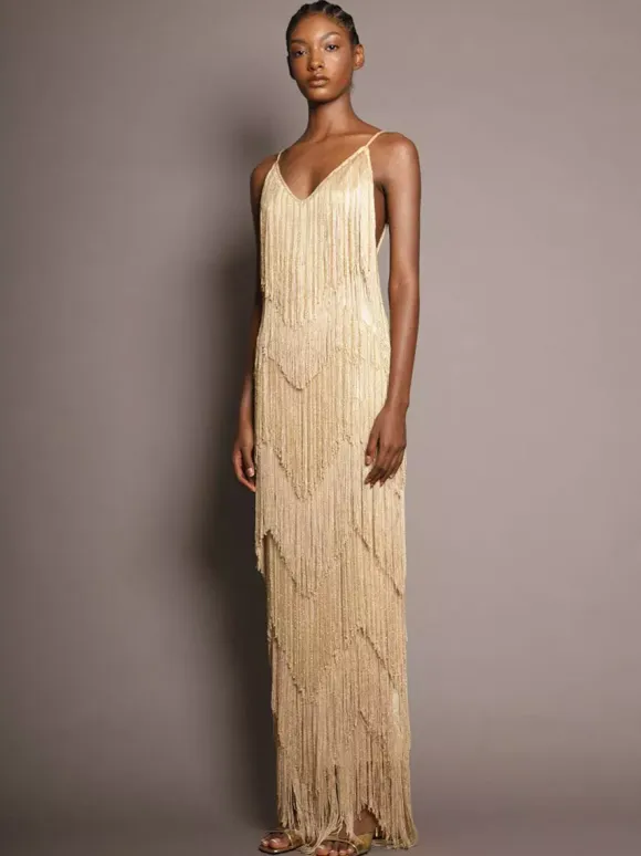 Party Dress Maxi Gold V-Neck Sleeveless Open Shoulder Sexy Semi Formal Summer Dress