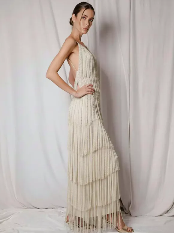 Party Dress Maxi Gold V-Neck Sleeveless Open Shoulder Sexy Semi Formal Summer Dress