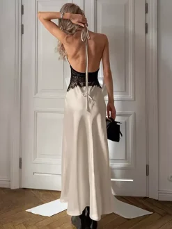 Party Dress Maxi Khaki Halter Cut Out Clothes Sexy Semi Formal Dress