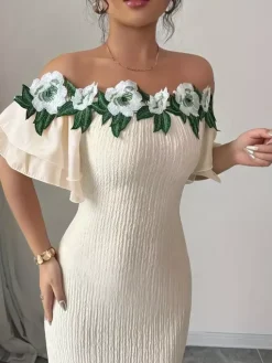 Party Dress Maxi Light Apricot Off-The-Shoulder Flowers Short Sleeves Clothes Puff Sleeves Sexy Gown