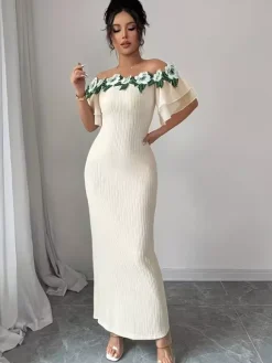 Party Dress Maxi Light Apricot Off-The-Shoulder Flowers Short Sleeves Clothes Puff Sleeves Sexy Gown