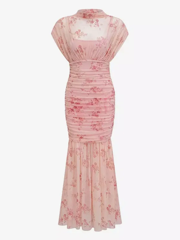 Party Dress Maxi Light Apricot Stand Collar Pleated Short Sleeves Printed Dress