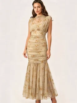 Party Dress Maxi Light Apricot Stand Collar Pleated Short Sleeves Printed Dress