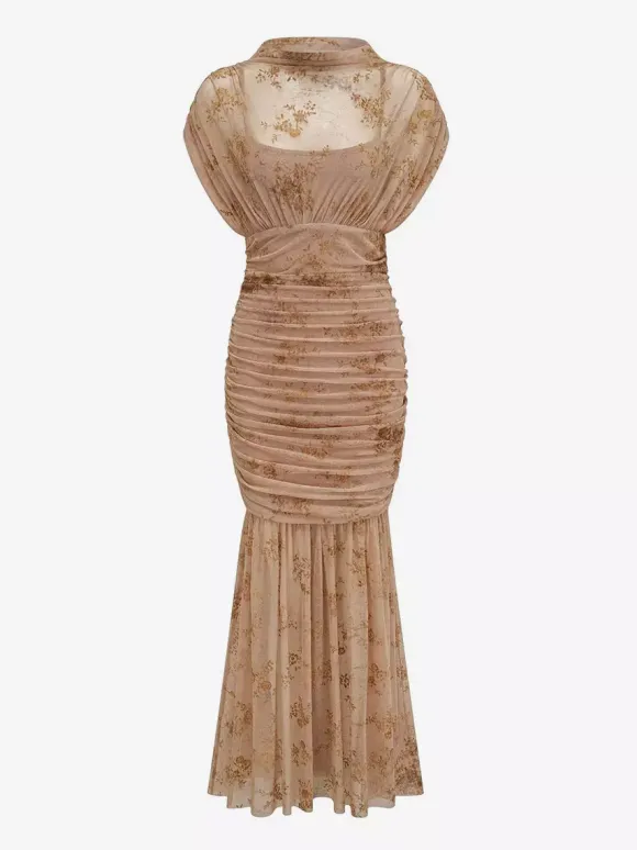 Party Dress Maxi Light Apricot Stand Collar Pleated Short Sleeves Printed Dress