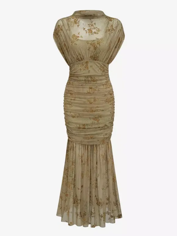 Party Dress Maxi Light Apricot Stand Collar Pleated Short Sleeves Printed Dress