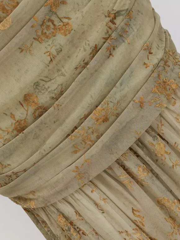 Party Dress Maxi Light Apricot Stand Collar Pleated Short Sleeves Printed Dress