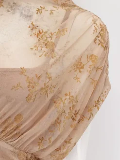 Party Dress Maxi Light Apricot Stand Collar Pleated Short Sleeves Printed Dress